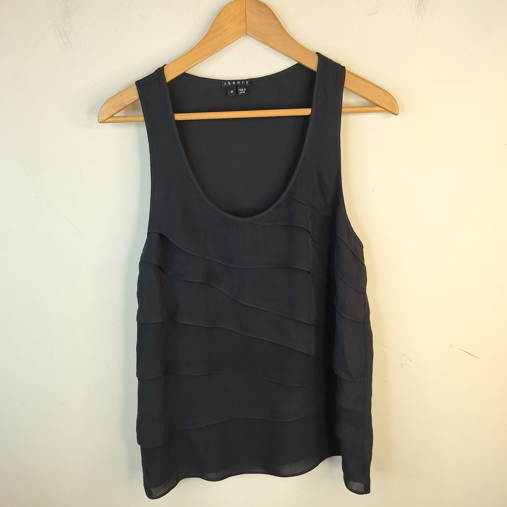 Theory Tiered Layered Silk Tank Top Womens Medium Sleeveless Minimalist Black